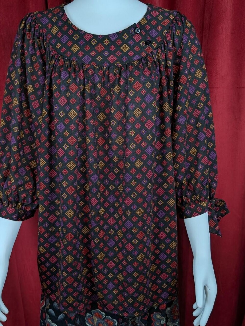Vintage 80's Top Notch Black, Red, Purple, Yellow, & Pink Floral Block Print Top